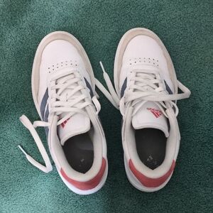 Adidas White Sneakers with Red and Blue Accents